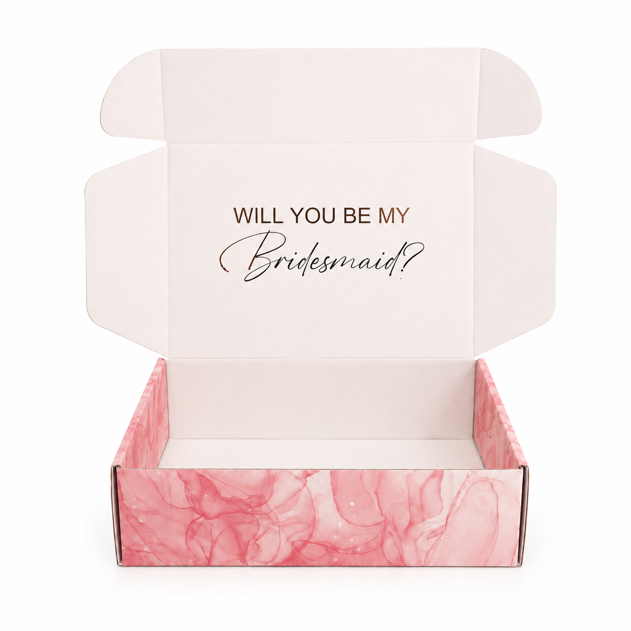 Open box with 'Will You Be My Bridesmaid?' text on a white background