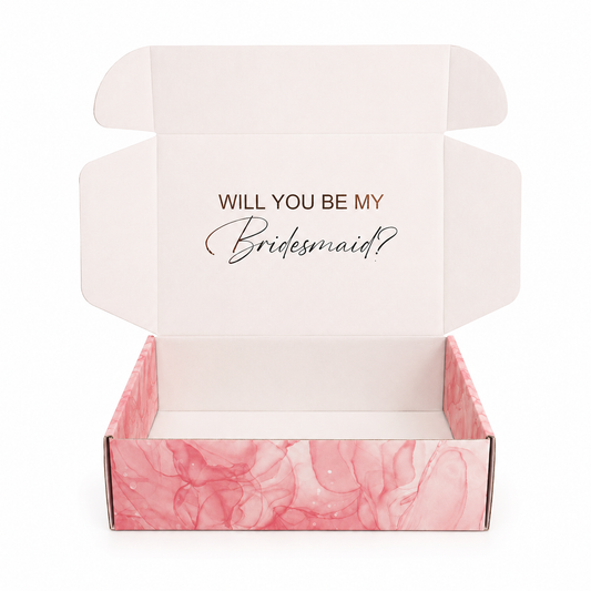 Open box with 'Will You Be My Bridesmaid?' text on a white background
