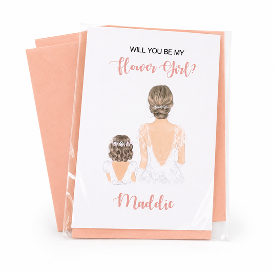 Greeting card with illustration of a bride and flower girl, asking 'Will you be my flower girl?'