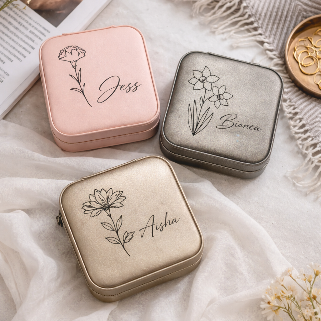 Three small jewelry cases with floral designs and names on a soft fabric background