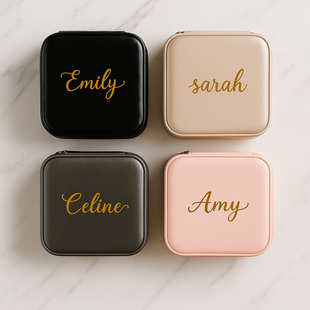 Four square pouches with names 'Emily', 'Sarah', 'Celine', and 'Amy' on a marble surface.