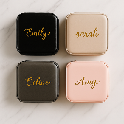 Four square pouches with names 'Emily', 'Sarah', 'Celine', and 'Amy' on a marble surface.
